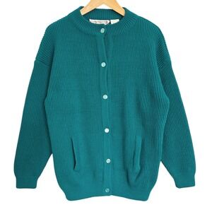 Vintage Adam French Chunky Ribbed Knit Crewneck Cardigan Teal Green Medium